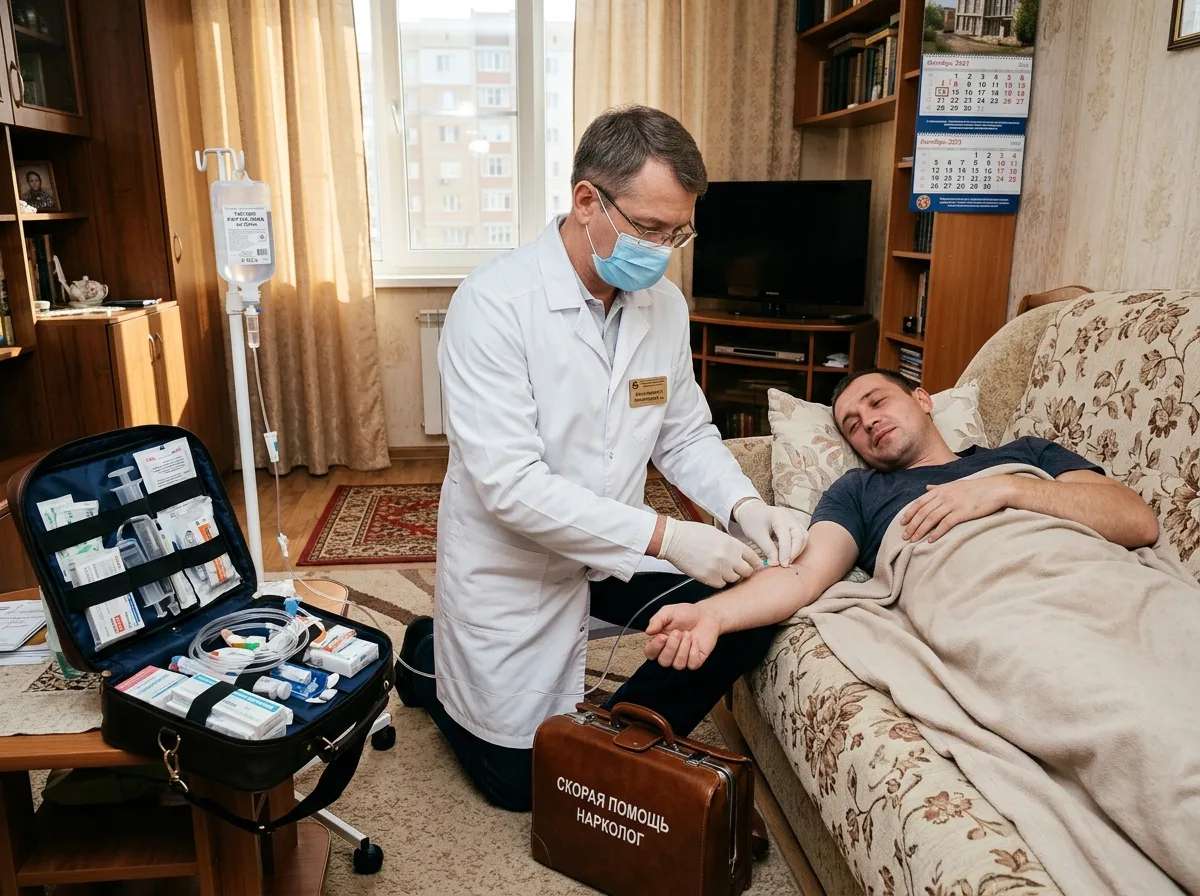 Врач-нарколог в белом халате приезжает на вызов к пациенту домой в Краснодаре, проводит осмотр и устанавливает капельницу, спокойная домашняя обстановка, профессиональный медицинский стиль