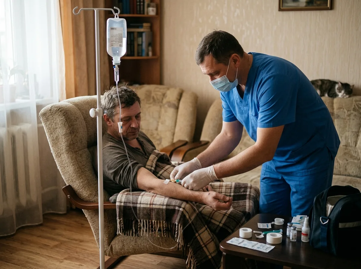 Врач-нарколог устанавливает капельницу пациенту в запое, вывод из запоя на дому в Краснодаре, медицинская процедура детоксикации, спокойная домашняя обстановка