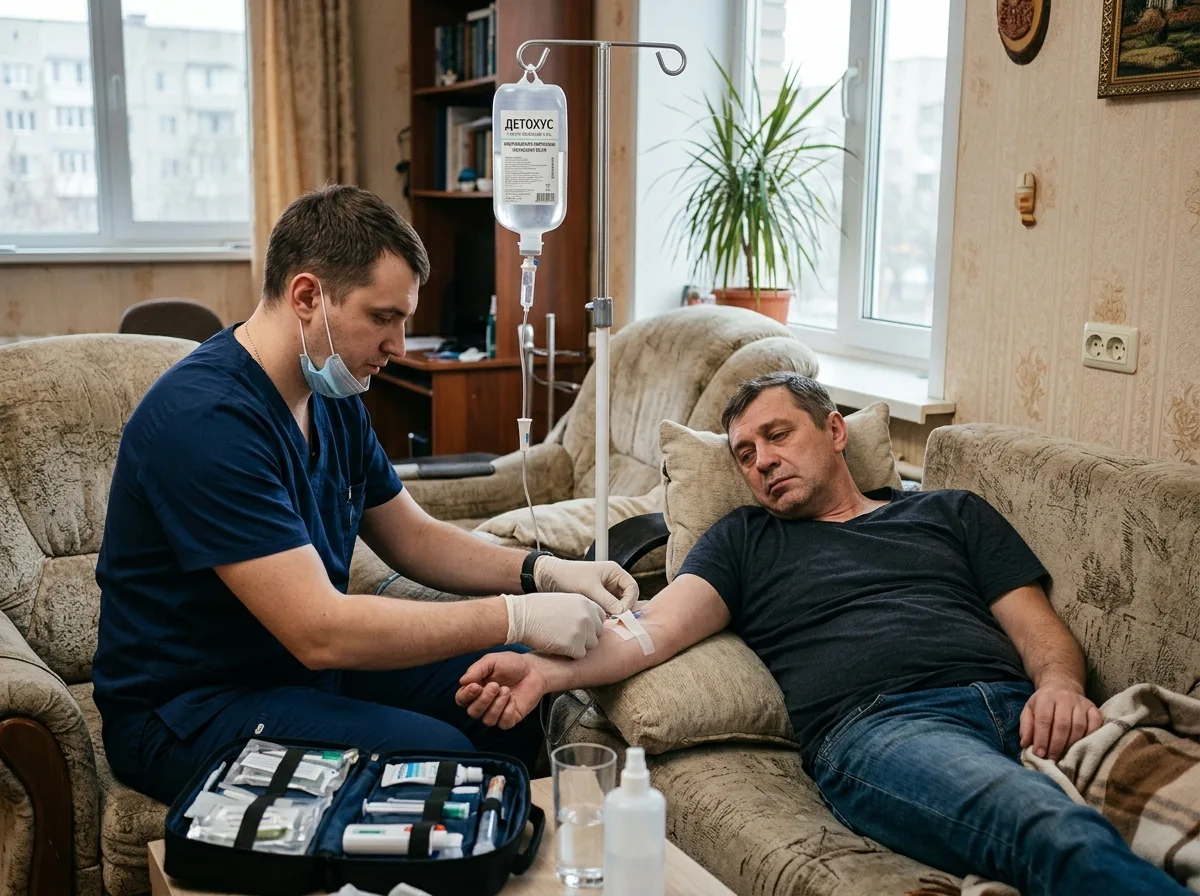 Капельница от похмелья и запоя, медицинская процедура на дому в Краснодаре, врач ставит капельницу пациенту, детоксикация организма
