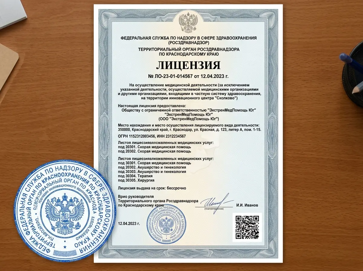 Лицензия на осуществление медицинской деятельности ООО ЭкстренМедПомощь Юг, выданная Росздравнадзором Краснодарского края, официальный документ с печатью