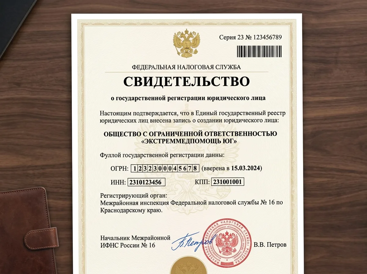 Свидетельство о государственной регистрации ООО ЭкстренМедПомощь Юг ОГРН ИНН официальный документ налоговой службы России